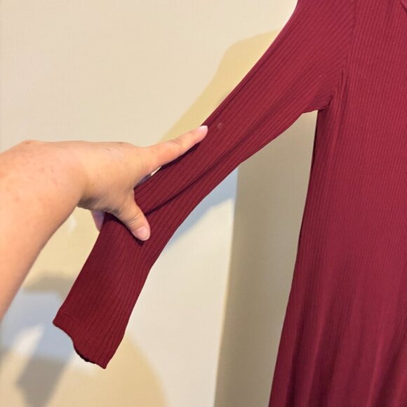 Farm Rio Burgundy Boat Neck Midi Dress Ribbed Long Sleeve - Picture 12 of 14